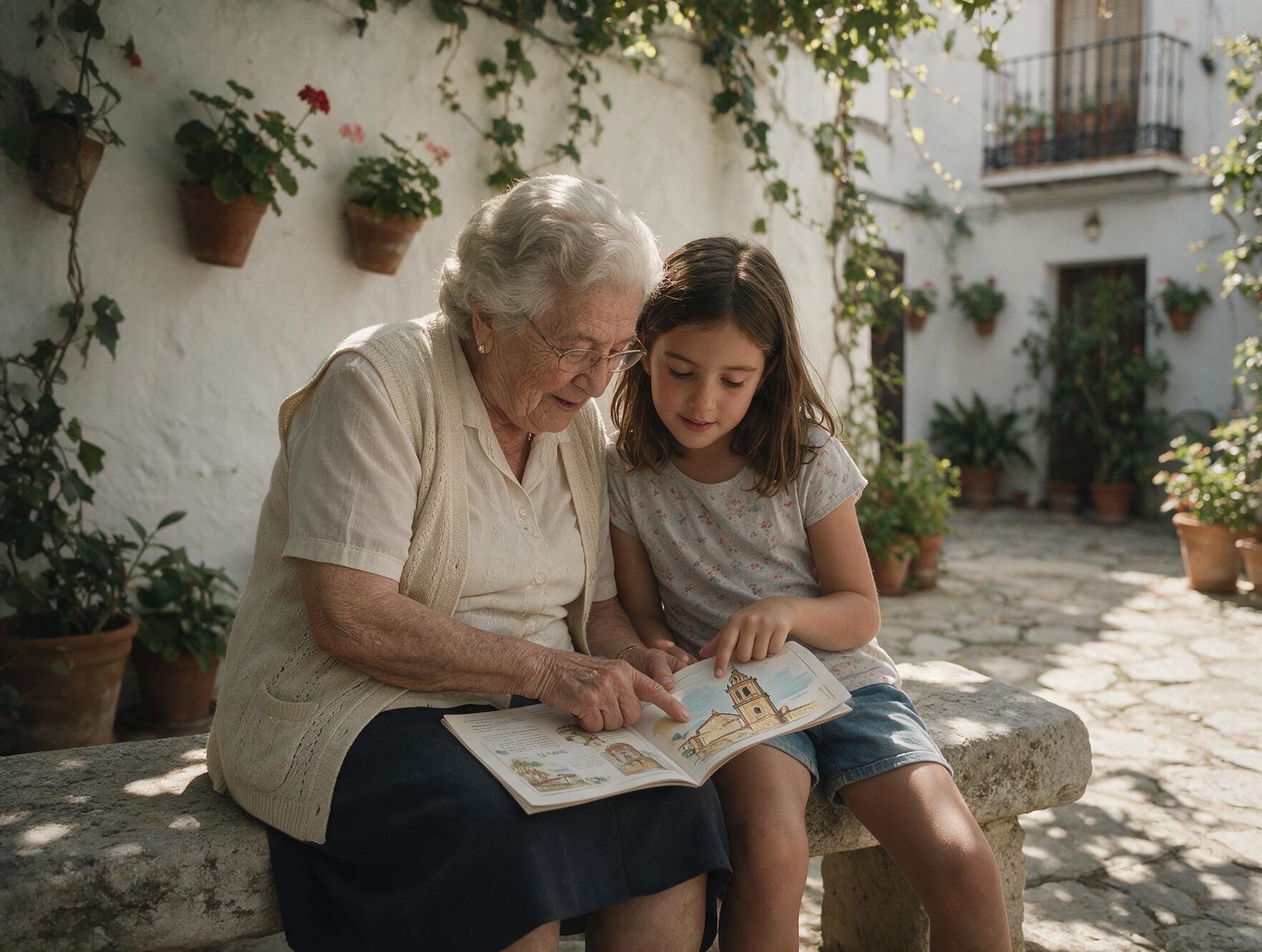 Una abuela y su nieta leen juntas un cuaderno sobre el patrimonio local