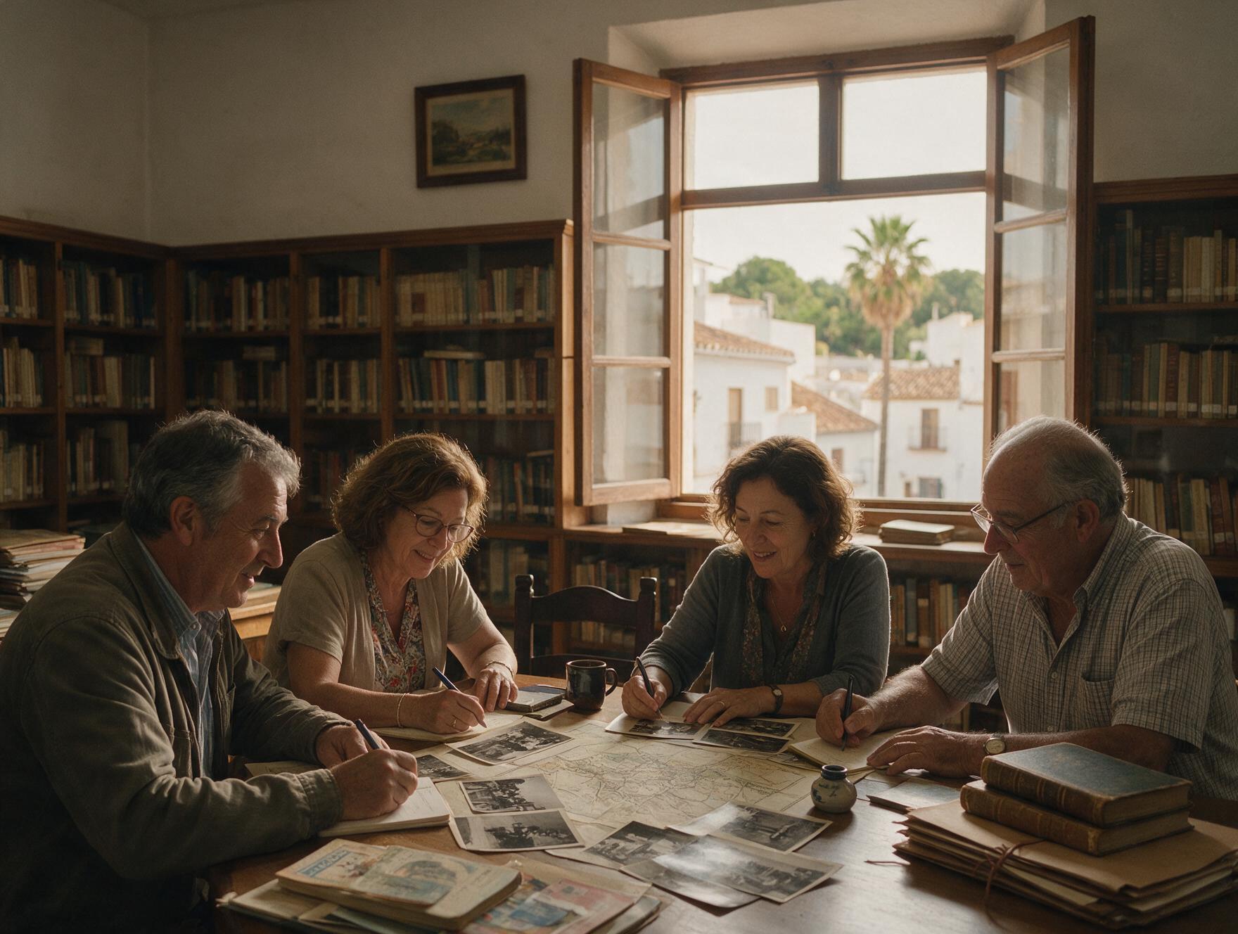 Vecinas y vecinos consultando fotografías y mapas antiguos en el archivo municipal