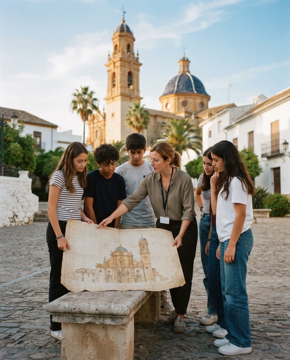 Un grupo de estudiantes observa con su profesora un plano histórico en la plaza